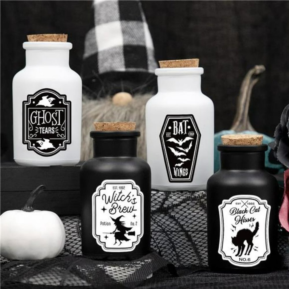 4 Potion Bottles & 12PCS Label Stickers for Halloween Decor w/ Halloween Sticker